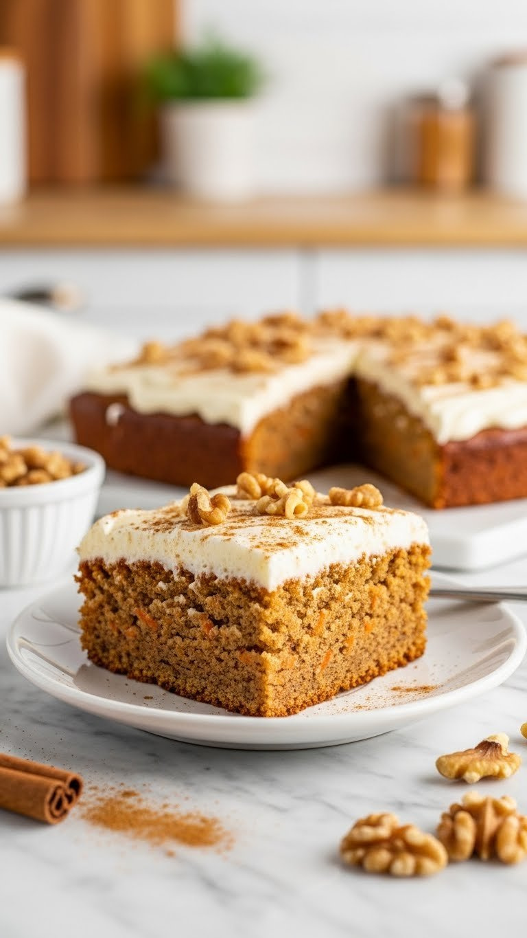Moist Carrot Cake Bar Slice With Cream Cheese Frosting, Shredded Carrots, Cinnamon, Walnuts On A White Plate.
