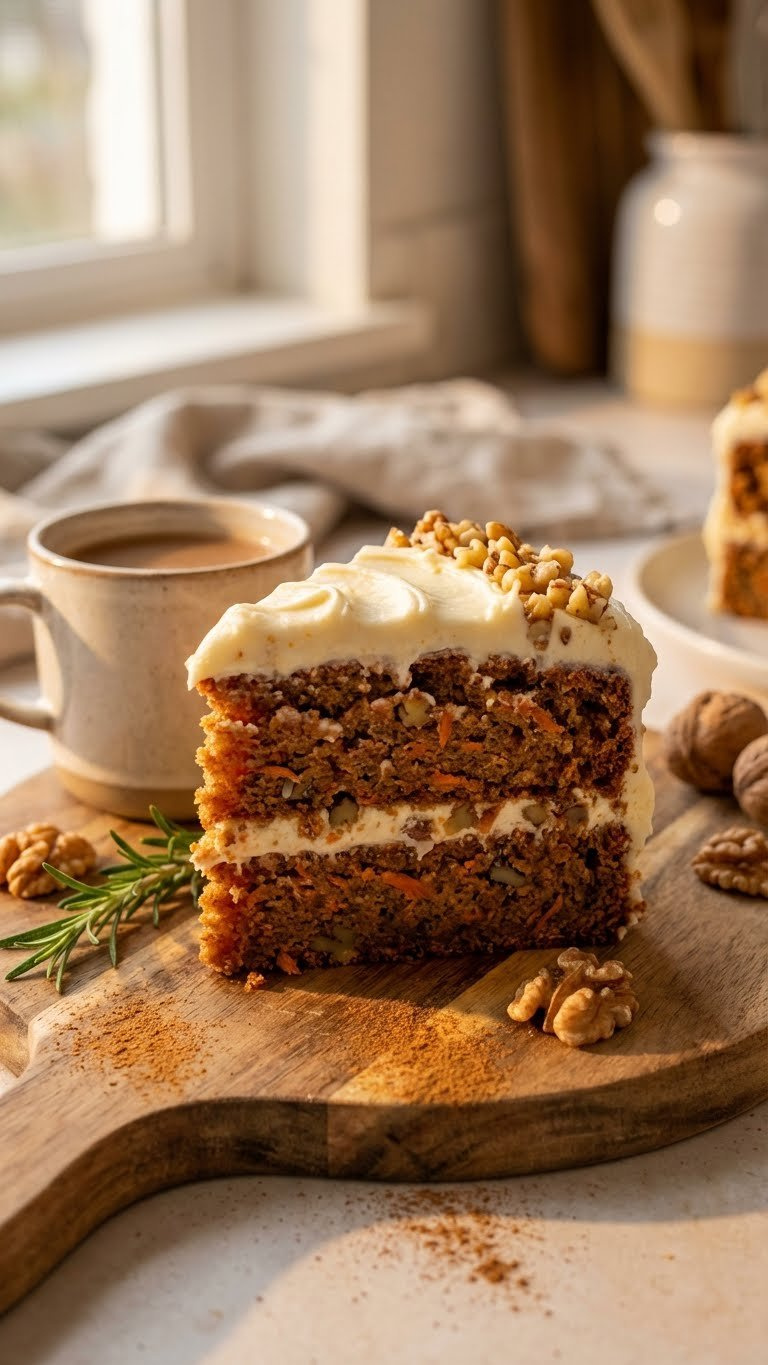 Moist Carrot Cake Slice With Tangy Cream Cheese Frosting, Visible Carrots And Walnuts, On A Wooden Board With Cinnamon.