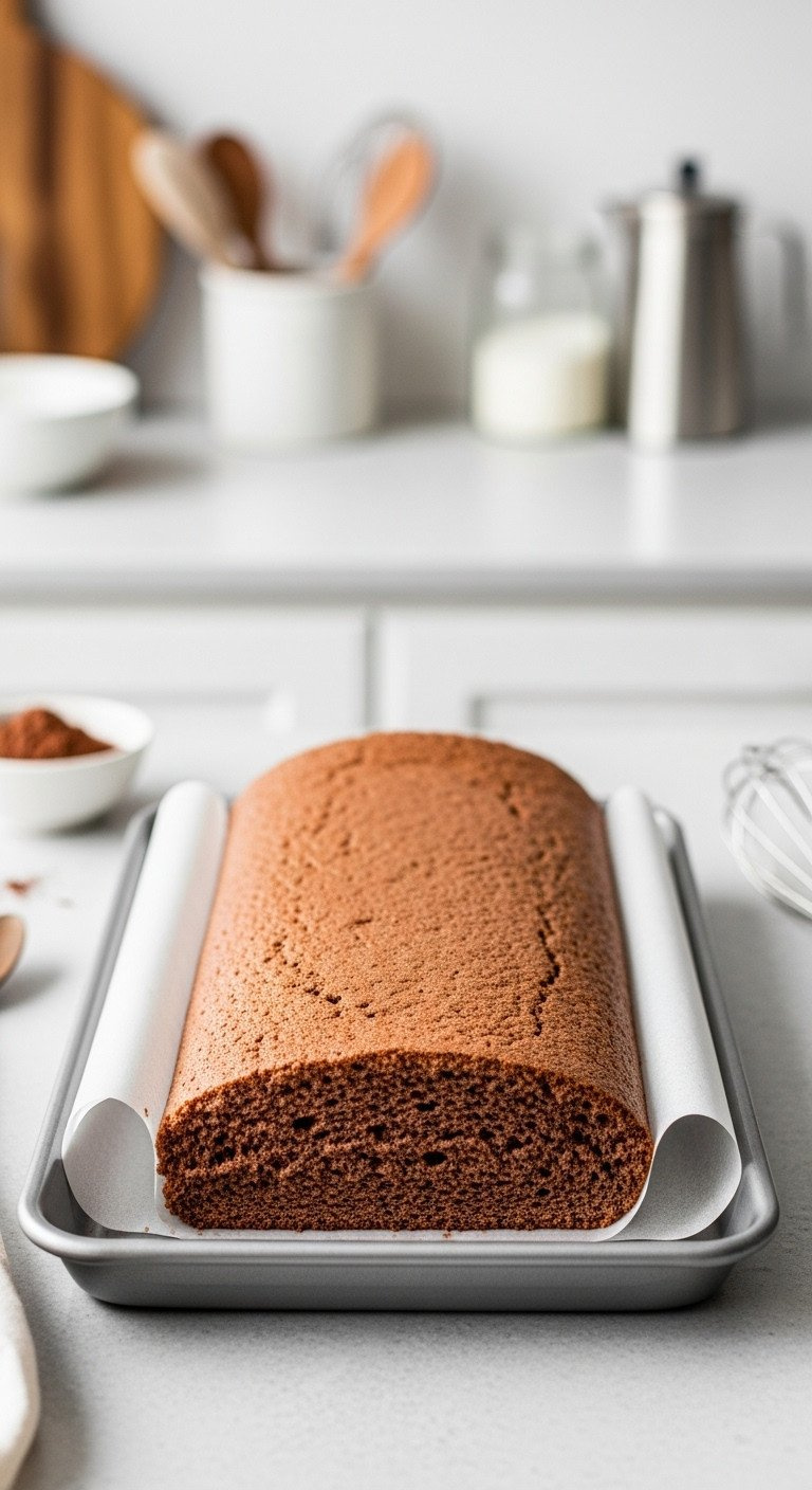 Moist Chocolate Sponge Cake, Perfectly Baked In A Silver Jelly Roll Pan, Showing Fluffy Texture. Cocoa Powder, Whisk, Blurred Kitchen.
