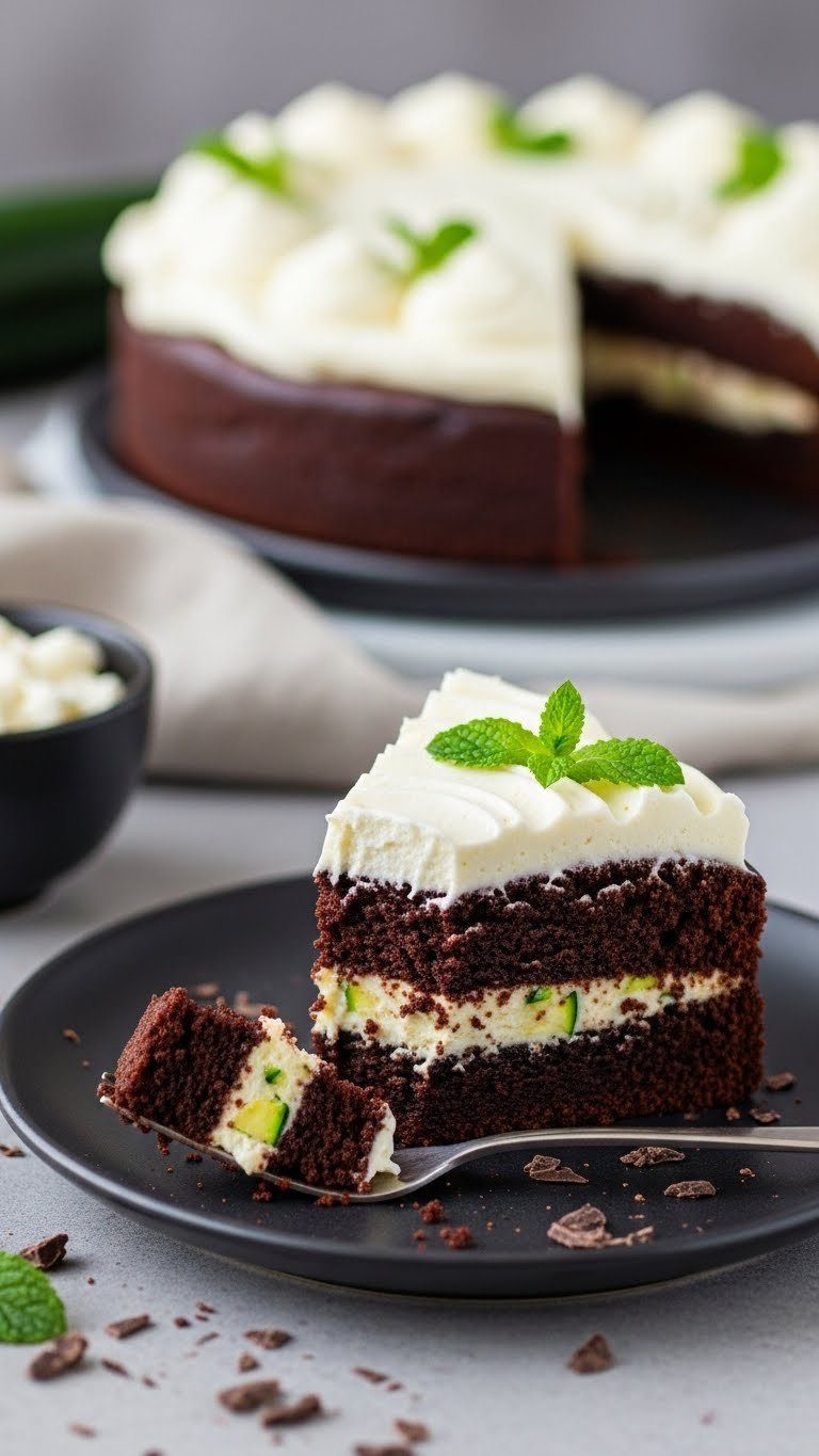 Moist Chocolate Zucchini Cake Slice With Cream Cheese Frosting On Dark Ceramic Plate With Mint Garnish