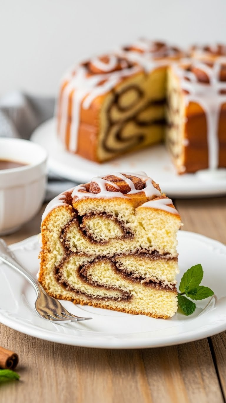 Moist Cinnamon Roll Cake Slice With Brown Sugar Swirl And Vanilla Glaze, Served On An Elegant White Plate With A Fork And Mint.