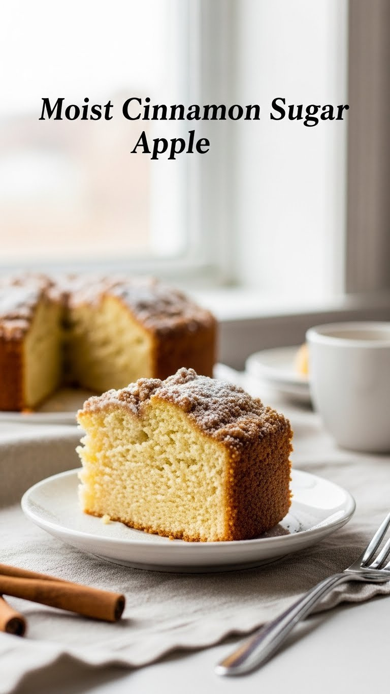 Moist Cinnamon Sugar Apple Cake Slice With Crunchy Topping, Powdered Sugar, And A Fork On A White Plate.