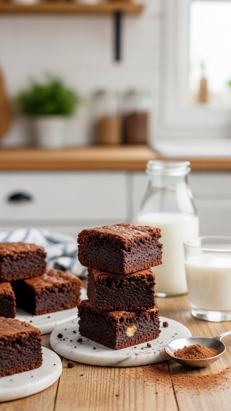 Moist Dark Chocolate Brownies With Hidden Vegetables Cut Into Squares Stacked On Rustic Wooden Table With Cocoa Powder Dusting.