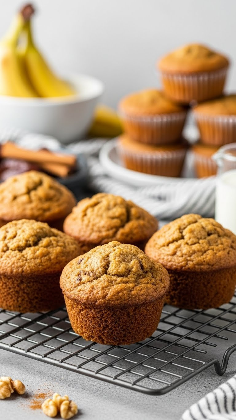 Moist Date-Sweetened Banana Bread Muffins Cooling On A Wire Rack With Walnuts And Cinnamon Garnish.