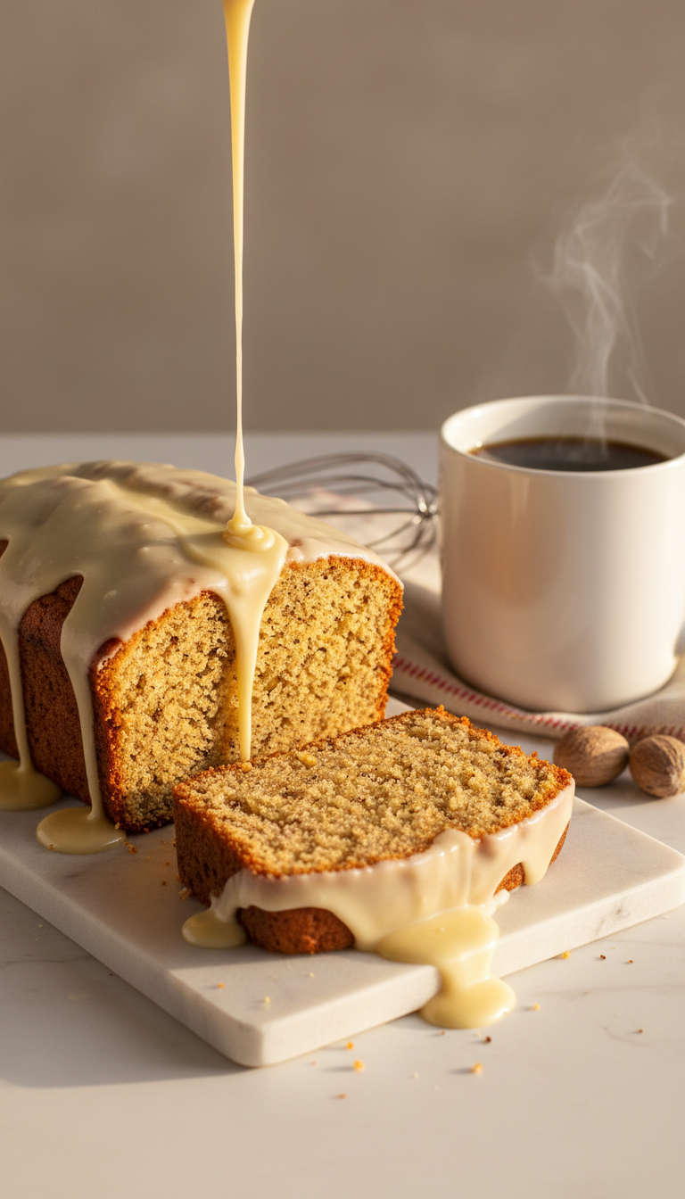 Moist Eggnog Quick Bread Slice With Dripping Vanilla Glaze, Rich Crumb, Next To Coffee On Marble. Cozy Christmas Baking.