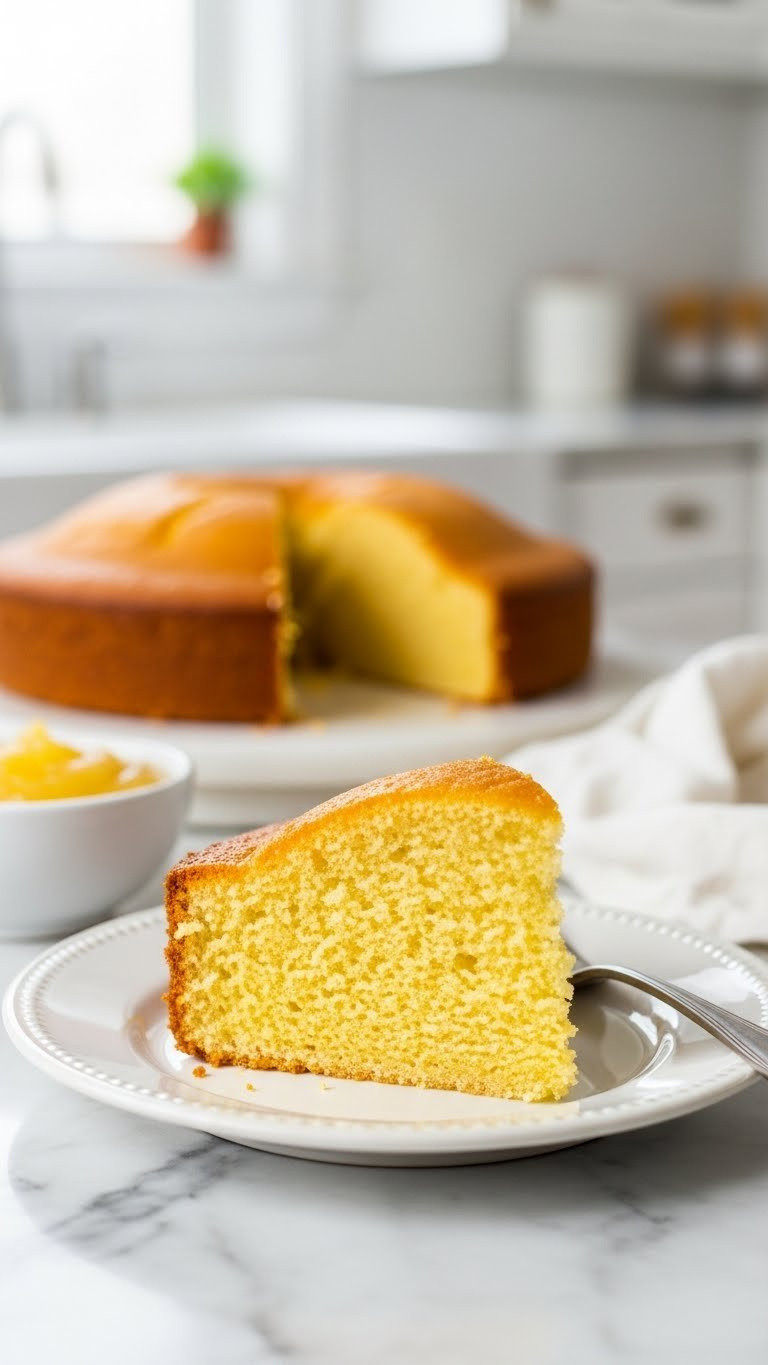Moist Golden Yellow Applesauce Cake Slice On Vintage Ceramic Plate, Showing Dense Crumb, With Silver Fork On Marble Countertop, Cozy Kitchen.