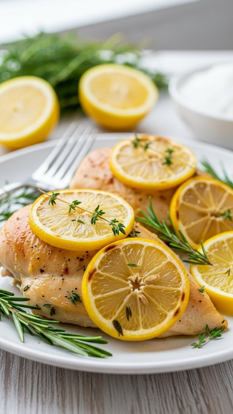 Moist Lemon Herb Baked Chicken Breast With Fresh Lemon Slices And Rosemary Sprigs On Clean White Ceramic Plate