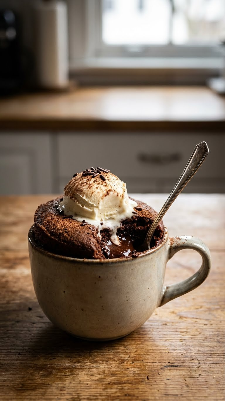 Moist Microwave Chocolate Mug Cake With A Molten Center, Vanilla Ice Cream, And Sprinkles In A Ceramic Mug.