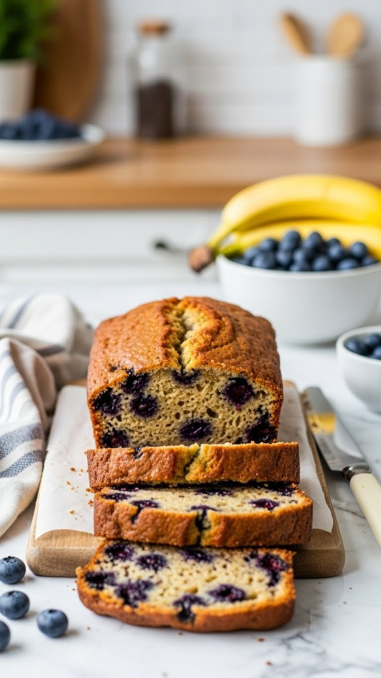 Moist Naturally Sweetened Blueberry Banana Bread Sliced To Reveal Tender Interior