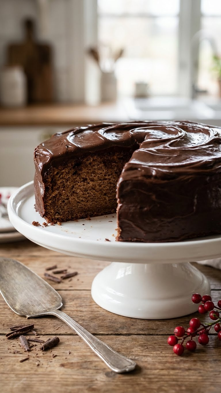 Moist One-Bowl Chocolate Cake With Glossy Buttercream, A Slice Revealing The Crumb, Chocolate Shavings, And Fresh Berries.