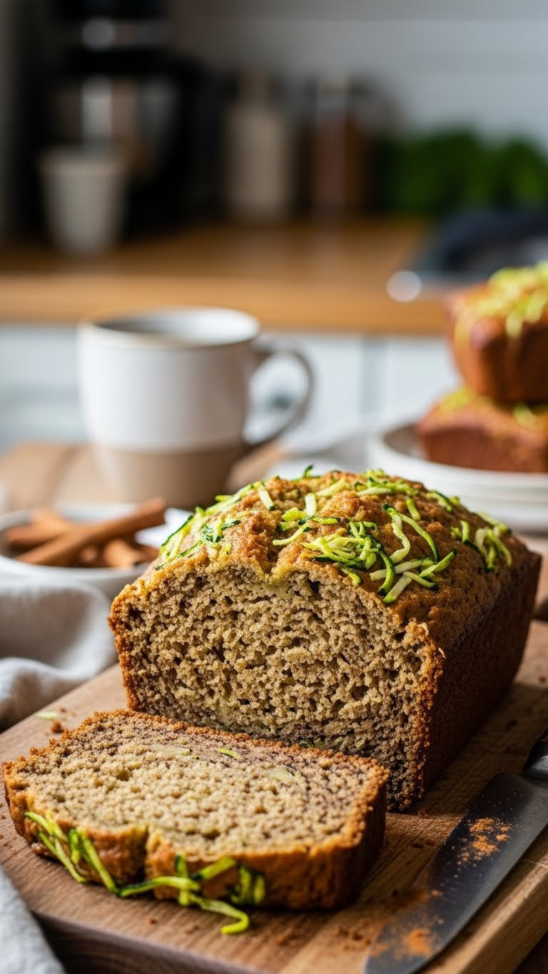 Moist Paleo Zucchini Bread Slice With Green Zucchini Texture On Rustic Wooden Cutting Board