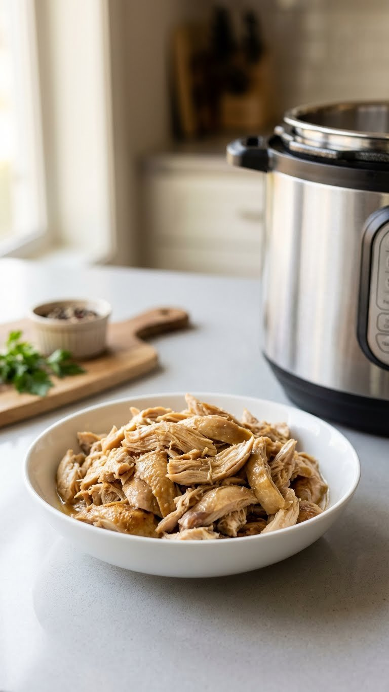 Moist Pre-Shredded Rotisserie Chicken In A White Bowl Sits Beside An Instant Pot, Ready For Quick Meal Preparation.