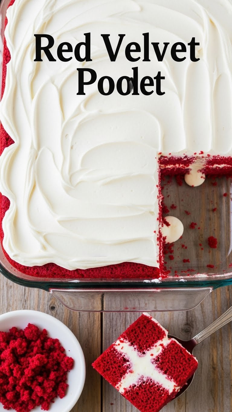 Moist Red Velvet Poke Cake With Creamy Filling, Fluffy Cream Cheese Frosting, Crumbs On A Rustic Wooden Table.