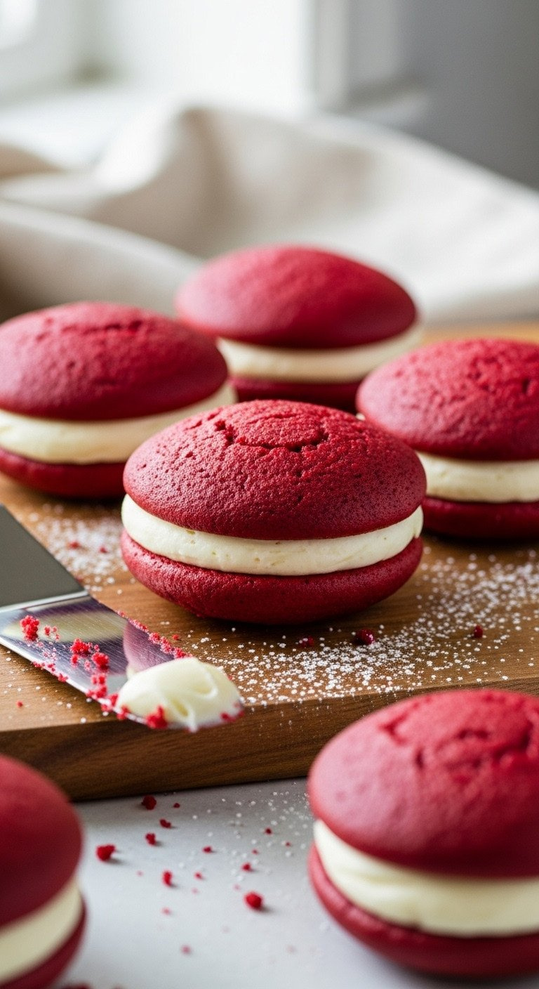 Moist Red Velvet Whoopie Pies With Creamy White Vanilla Filling, On A Wooden Board, A Delicious Dessert.