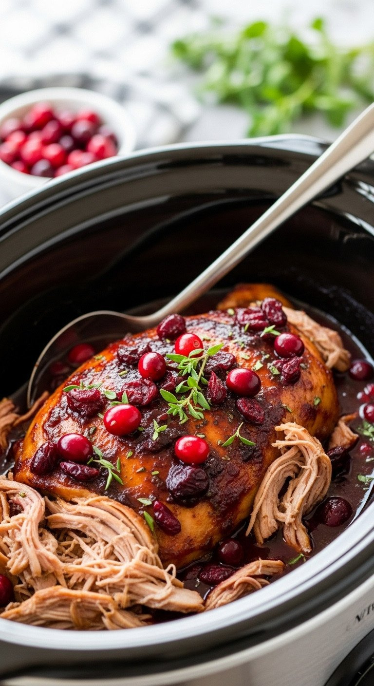Moist, Shreddable Slow Cooker Chicken In A Dark Red Balsamic-Cranberry Sauce, Garnished With Fresh Cranberries And Herbs.