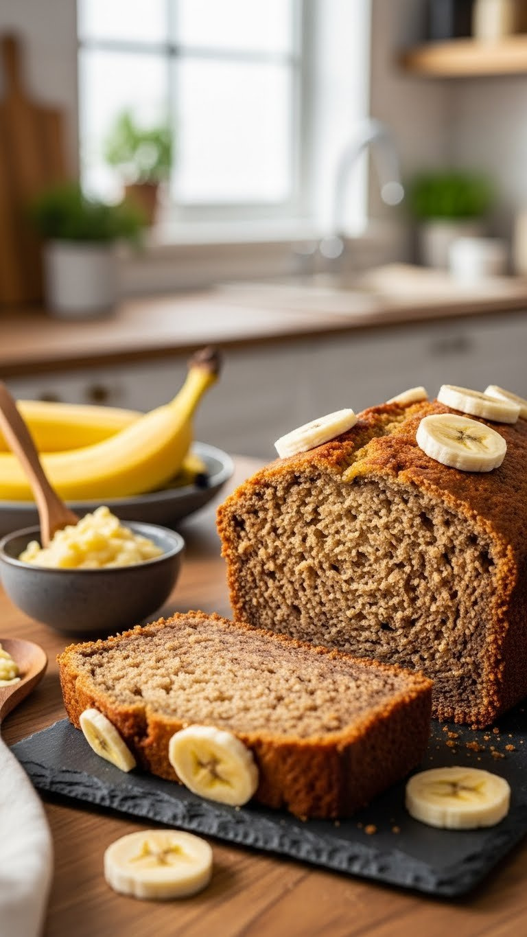 Moist Slice Of Eggless Banana Bread With Tender Crumb And Banana Slices On A Slate Board. Warm, Homey Kitchen Setting.