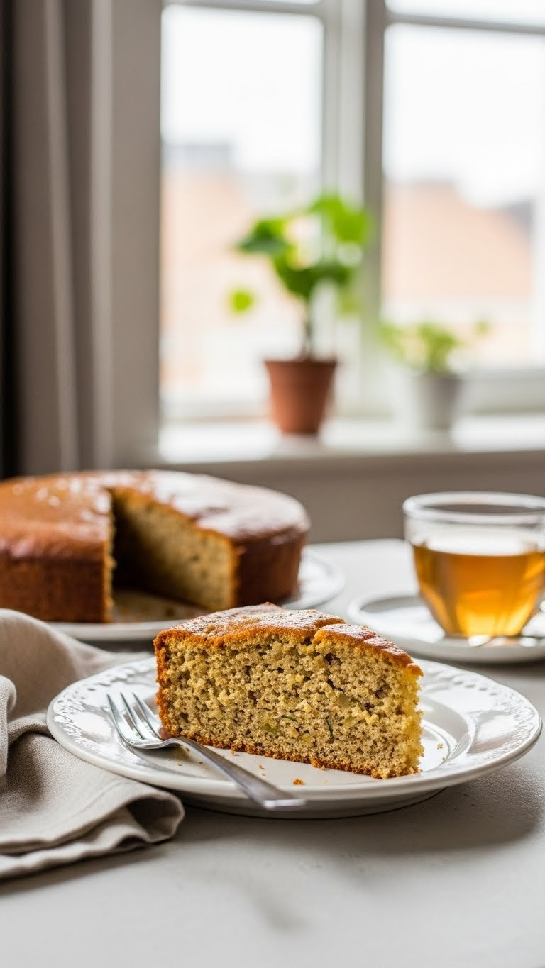 Moist Slice Of Healthy Carrot Cake With Visible Vegetable Flecks On Vintage Ceramic Plate Showing Tender Crumb Texture In Soft Natural Light