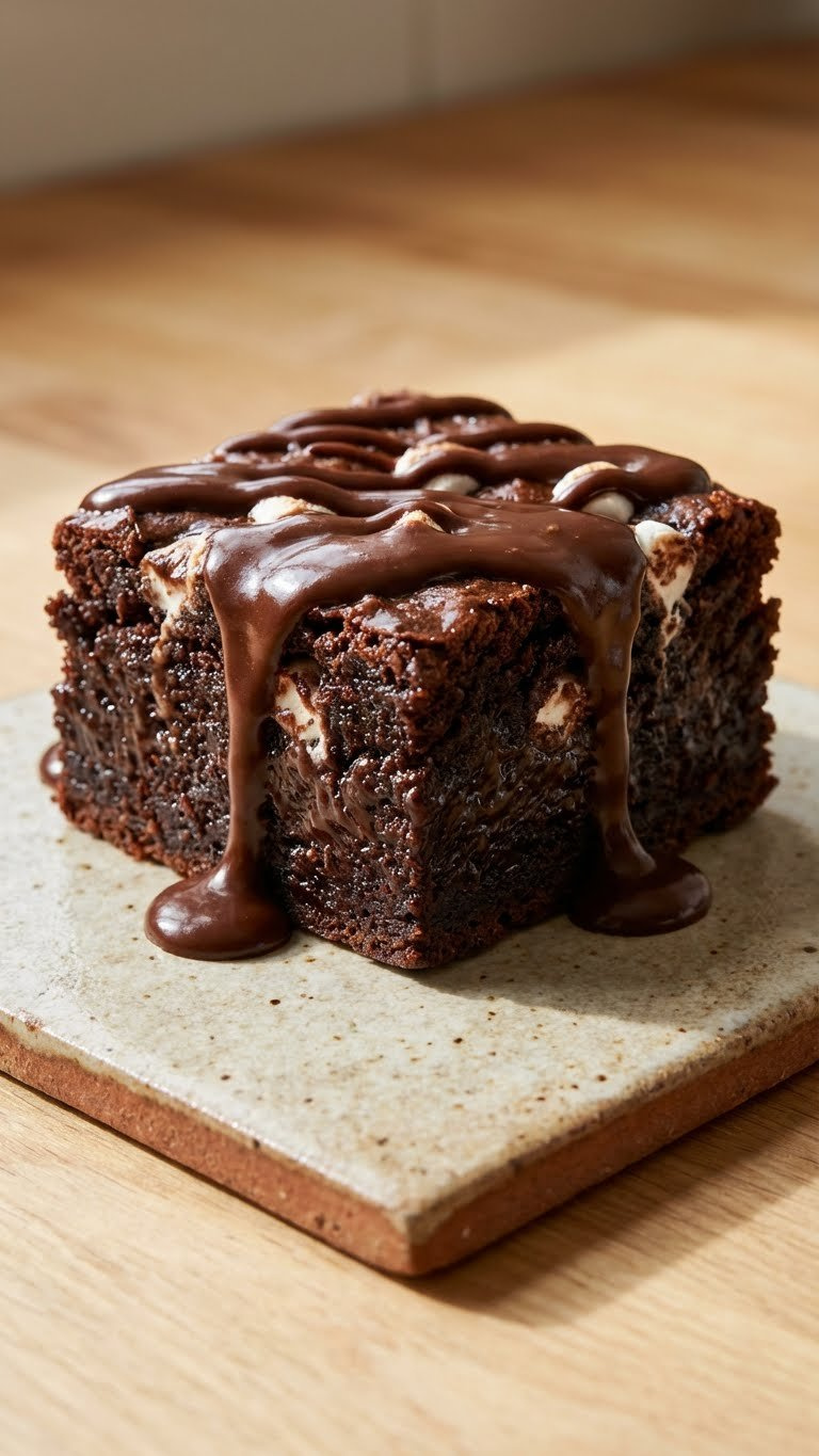 Moist Sweet-Potato Brownie Cube On Kitchen Tile, Featuring Glossy Dark Crumb, Rich Chocolate Ganache, And Marshmallow Swirls.