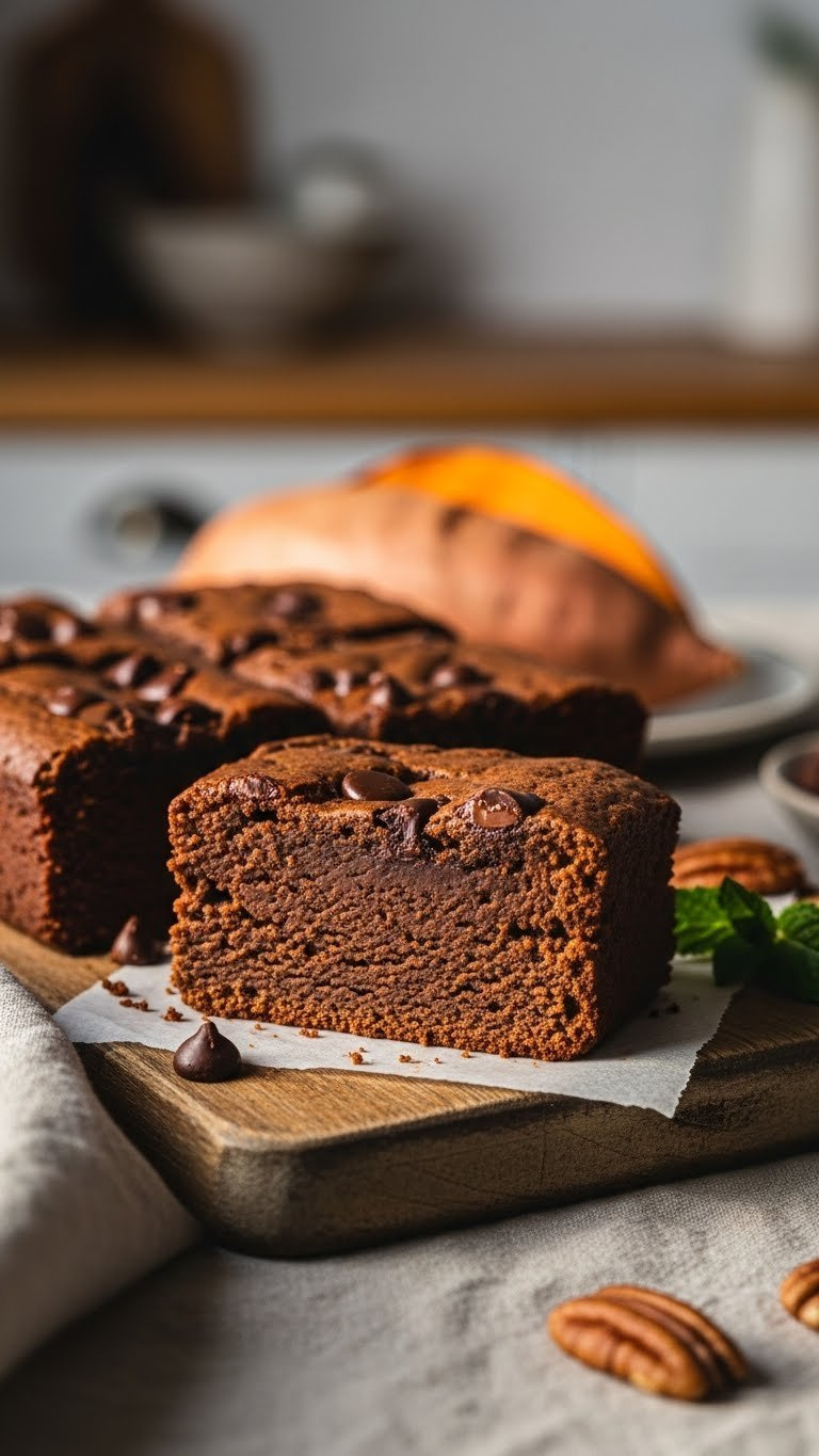 Moist Sweet Potato Flourless Brownies With Chocolate Chips On Rustic Cutting Board