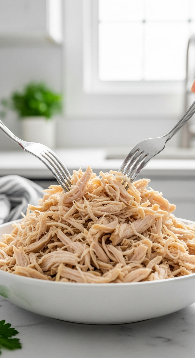 Moist Tender Ninja Foodi Shredded Chicken In A White Bowl With Forks And Parsley On A Marble Countertop