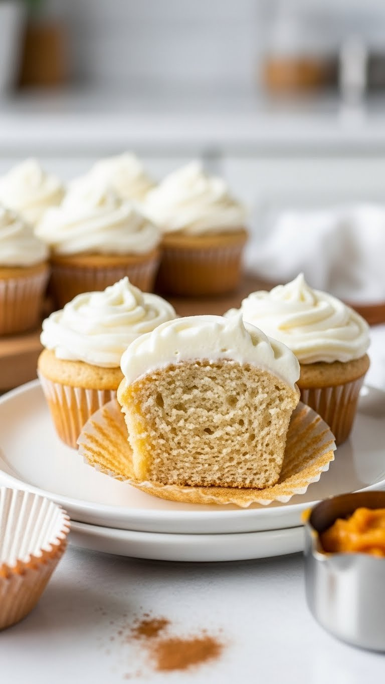 Moist Vanilla Pumpkin Puree Cupcake, Cut To Show Soft Crumb, With White Frosting On A Ceramic Plate, Surrounded By Spices.