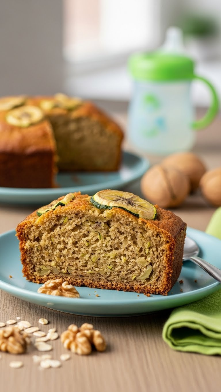 Moist Zucchini Banana Bread Slice With Green Zucchini Specks On Light Blue Child-Friendly Plate In Cozy Kitchen Setting