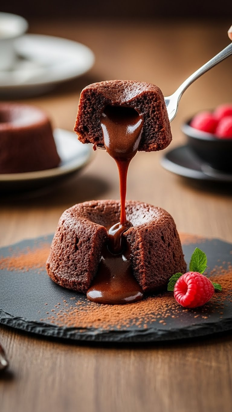 Molten Chocolate Cake Sliced Open, Rich Liquid Center Flowing, Dusted Cocoa Powder, Raspberry Garnish.