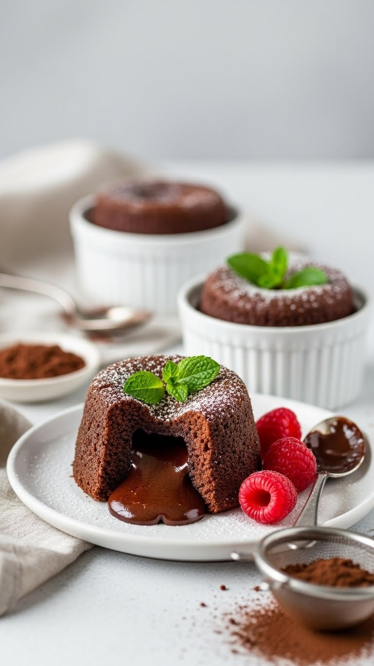 Molten Chocolate Lava Cake In Ramekin, Gooey Center, Dusted With Powdered Sugar And Fresh Raspberries On White Plate. Decadent Dessert.