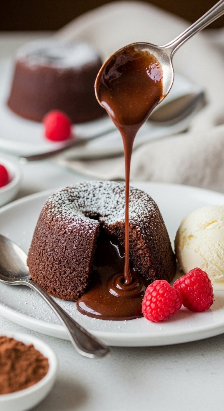 Molten Chocolate Lava Cake, Rich Chocolate Flowing, Vanilla Ice Cream, Powdered Sugar, Raspberries. Gourmet Dessert On White Plate.