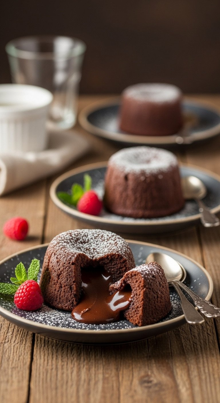 Molten Chocolate Lava Cakes For Two In Ramekins On A Rustic Table, Garnished With Raspberry &Amp; Powdered Sugar Under Warm Golden Hour Light.