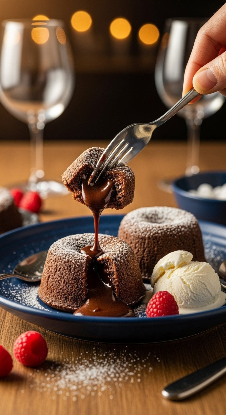 Molten Chocolate Lava Cakes In Ramekins, Powdered Sugar, Vanilla Ice Cream, Fresh Raspberries. Decadent Treat.