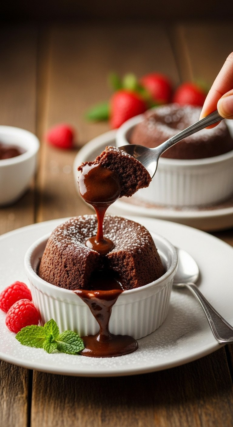 Molten Chocolate Lava Cakes In White Ramekins, Oozing Richness, Topped With Fresh Raspberries, Mint On A Rustic Wooden Table.
