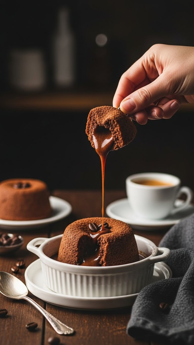 Molten Mocha Cake With Coffee-Infused Liquid Flowing, Cocoa Powder, Coffee Bean Garnish On White Dish. Decadent Dessert.
