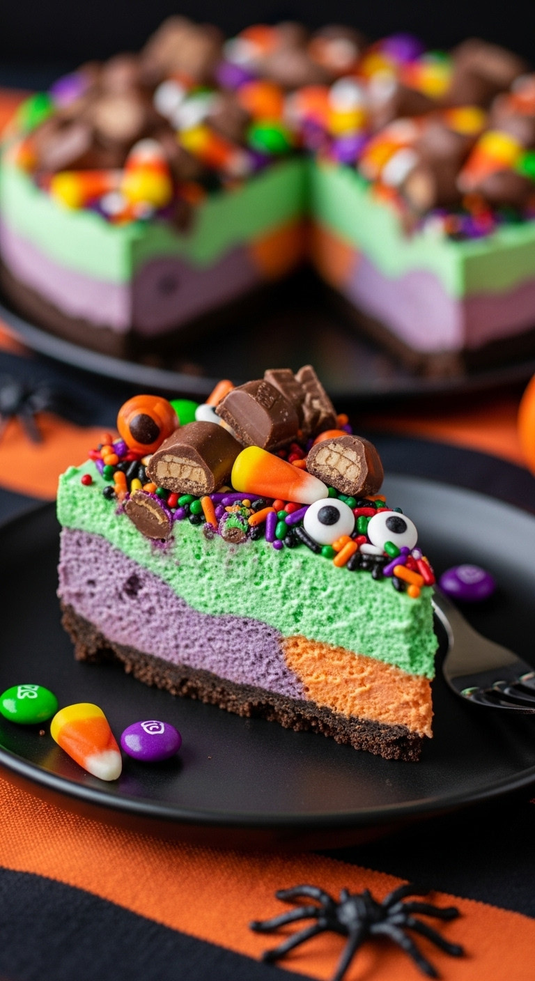 Monster Mash Cheesecake Slice: Vibrant Green, Purple, Orange With Candies, Sprinkles, Googly Eyes On Dark Plate. Fun Halloween Dessert.