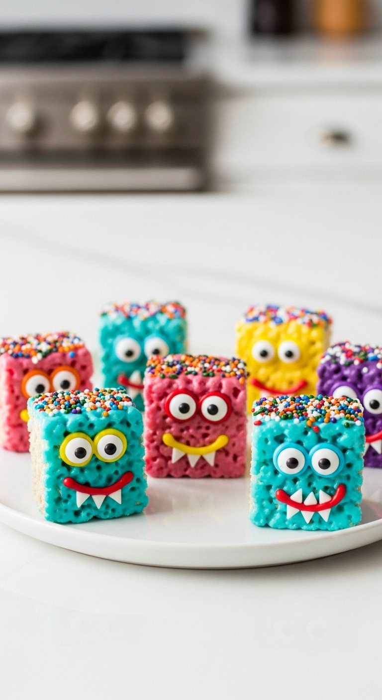 Monster Mashup Rice Krispie Treats With Candy Eyes And Colorful Icing