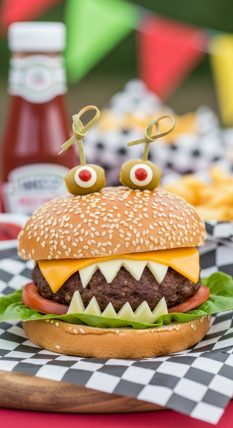 Monster Burger With Cheese Teeth And Olive Eyes On A Checkered Liner In A Serving Basket For Halloween Party Fun