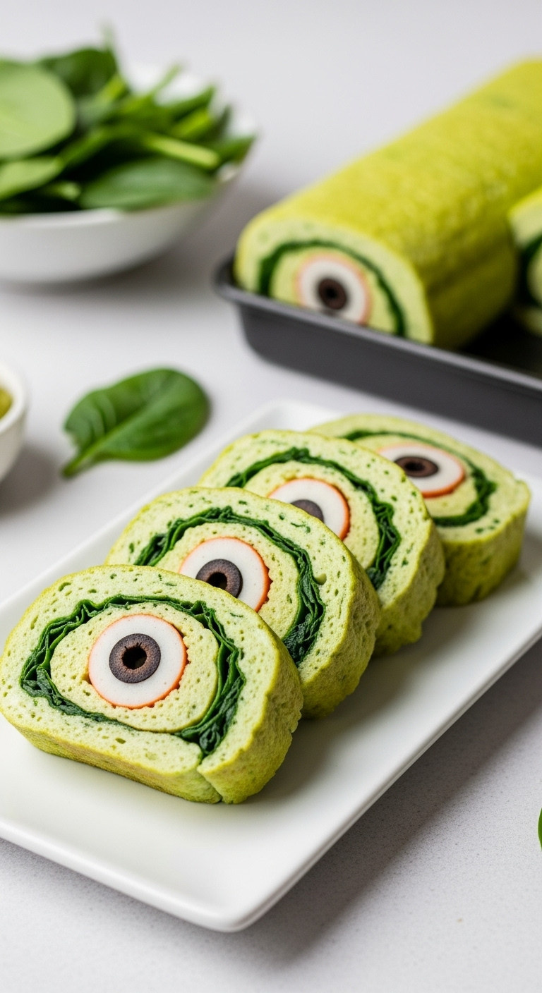 Monster Eye Tamagoyaki With Vibrant Green Rolled Omelette Fish Cake And Black Olive Center Perfect For Japanese Halloween Recipes