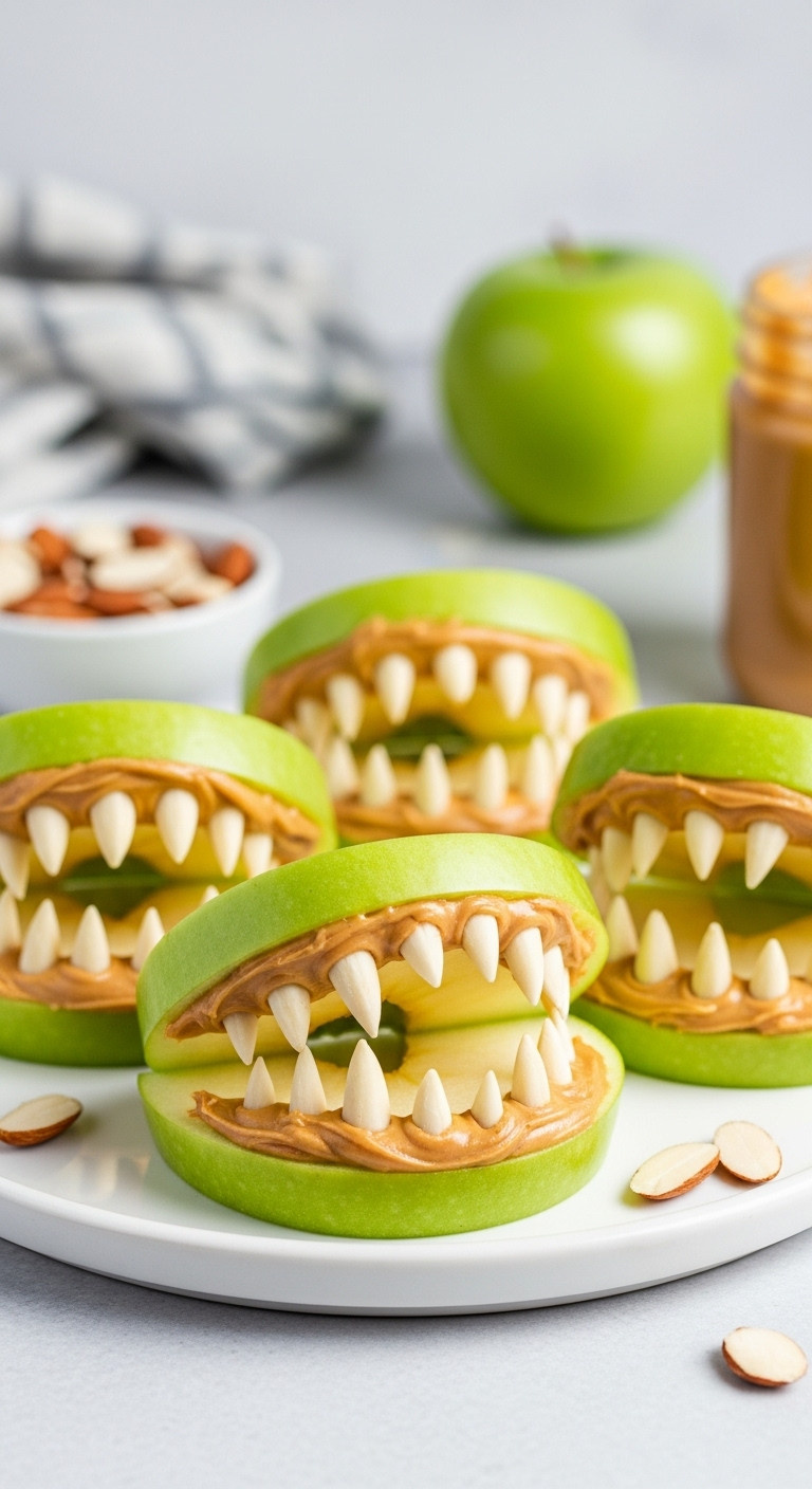 Monster Jaws Made From Green Apple Slices And Peanut Butter With Slivered Almond Teeth On White Platter