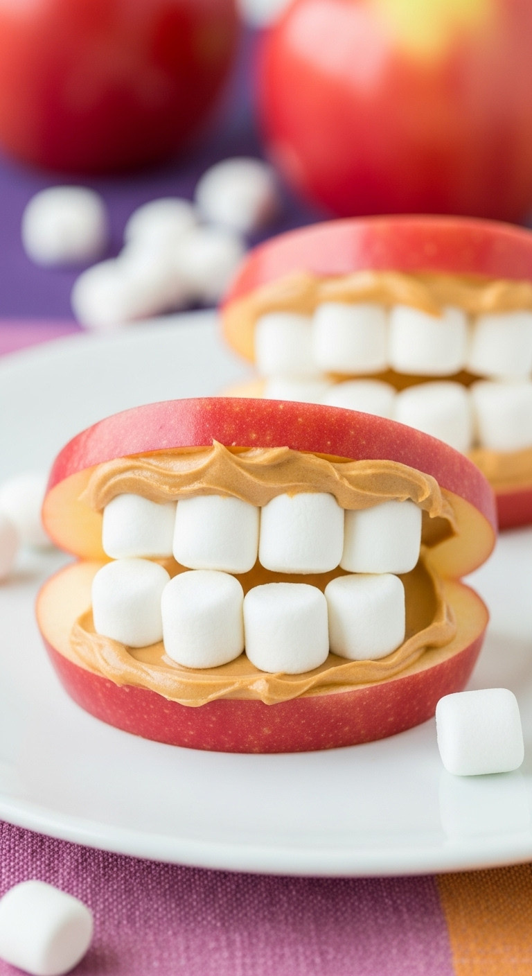 Monster Mouths Made From Apple Slices Peanut Butter And Mini Marshmallow Teeth On A White Plate For Healthy Halloween Toddler Fun