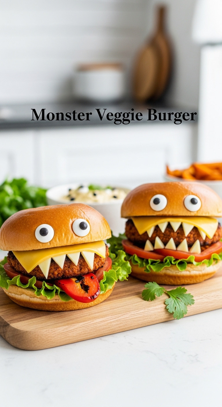 Monster Veggie Burgers With Candy Eyes And Cheese Teeth On Buns, Served On A Cutting Board For A Fun Halloween Dinner.