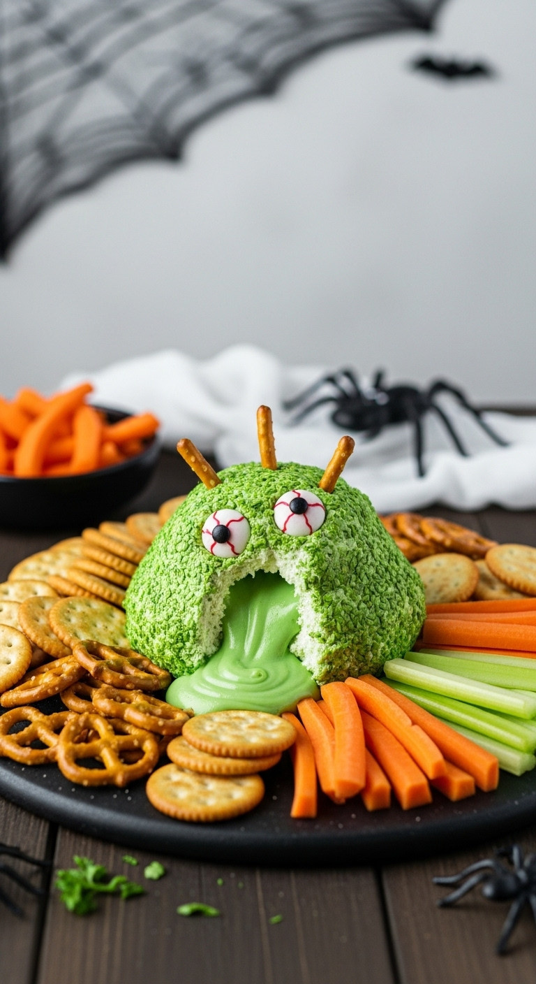 Monstrous Green Goo Cheese Ball With Edible Candy Eyes, Served With Crackers And Vegetables On A Rustic Board For Halloween Fun.