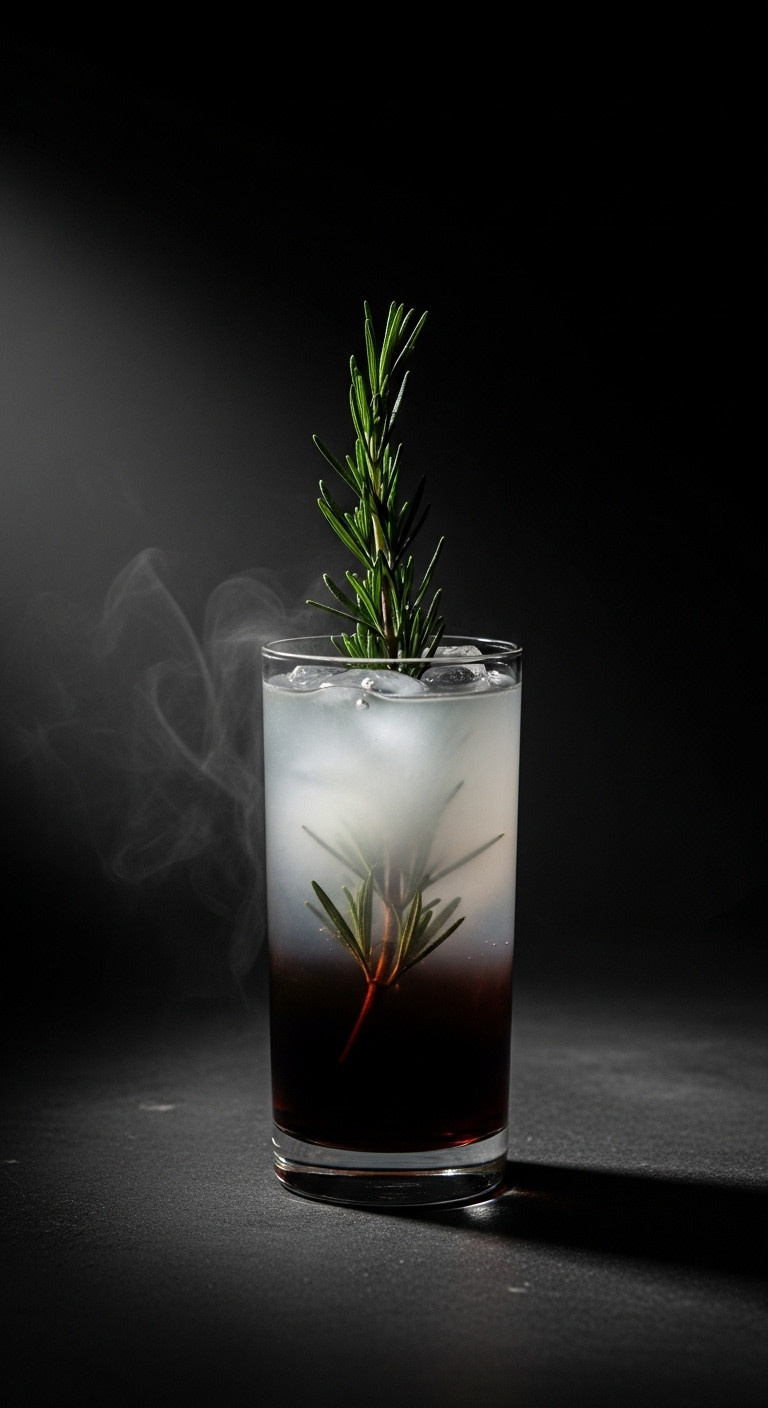 Moody Layered Cocktail In Highball Glass, Dark And Cloudy. Rosemary Garnish Like A Foggy Graveyard Tree. Elegant Spooky Halloween.