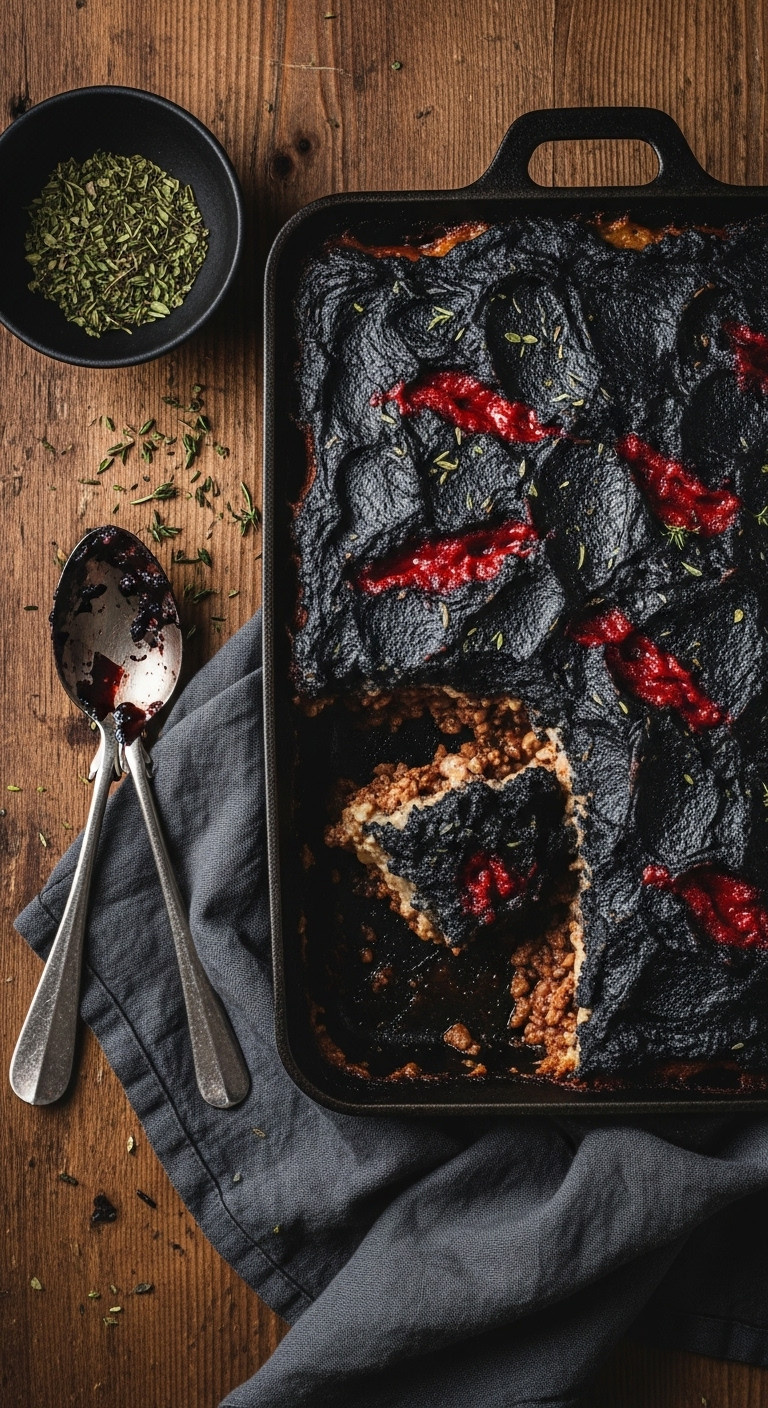 Mortician's Shepherd's Pie: Black Mashed Potatoes, Red 'Blood' Oozing From Cracks In Cast Iron Dish.