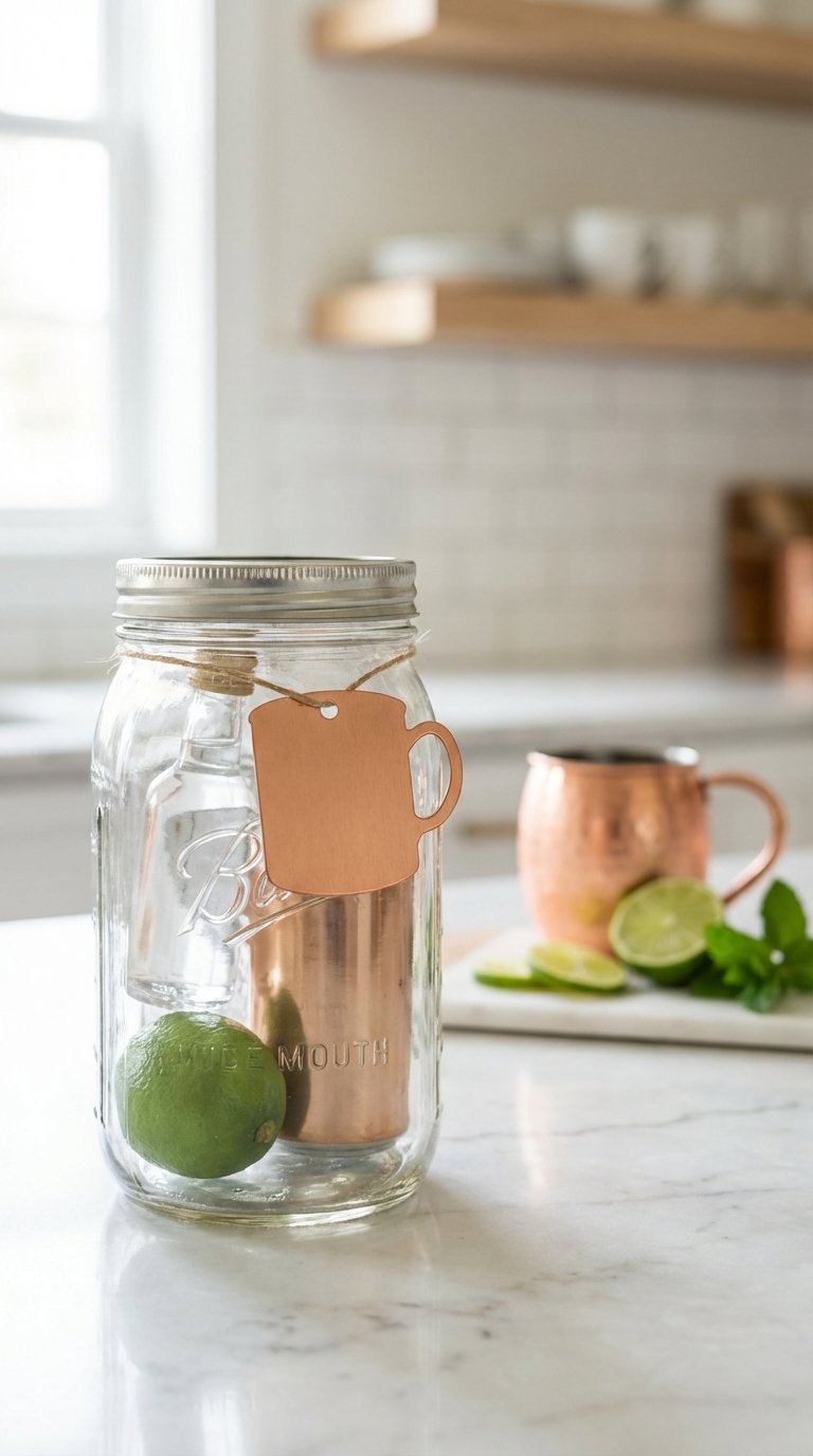 Moscow Mule Kit In Mason Jar With Mini Vodka Bottle, Ginger Beer Can, Fresh Lime, And Copper Mug Tag On Marble Countertop
