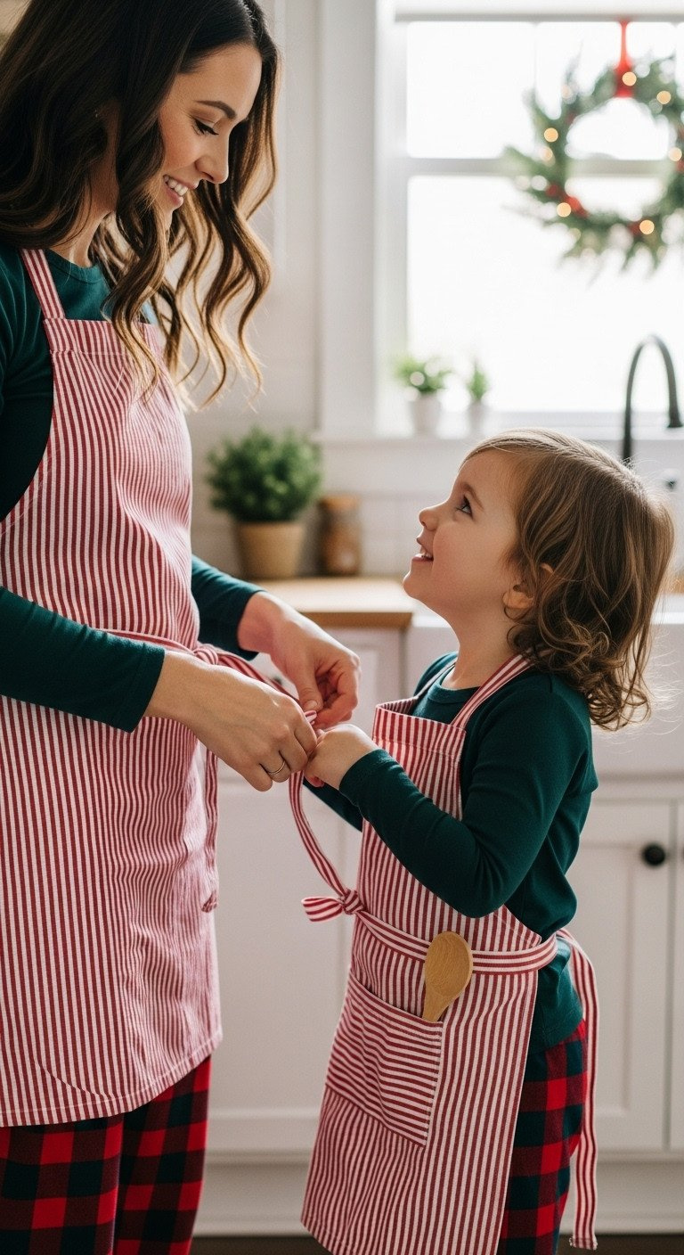 Mother Ties A Red And White Striped Apron On Her Joyful Child In A Cozy Kitchen, Both In Matching Christmas Pajamas.