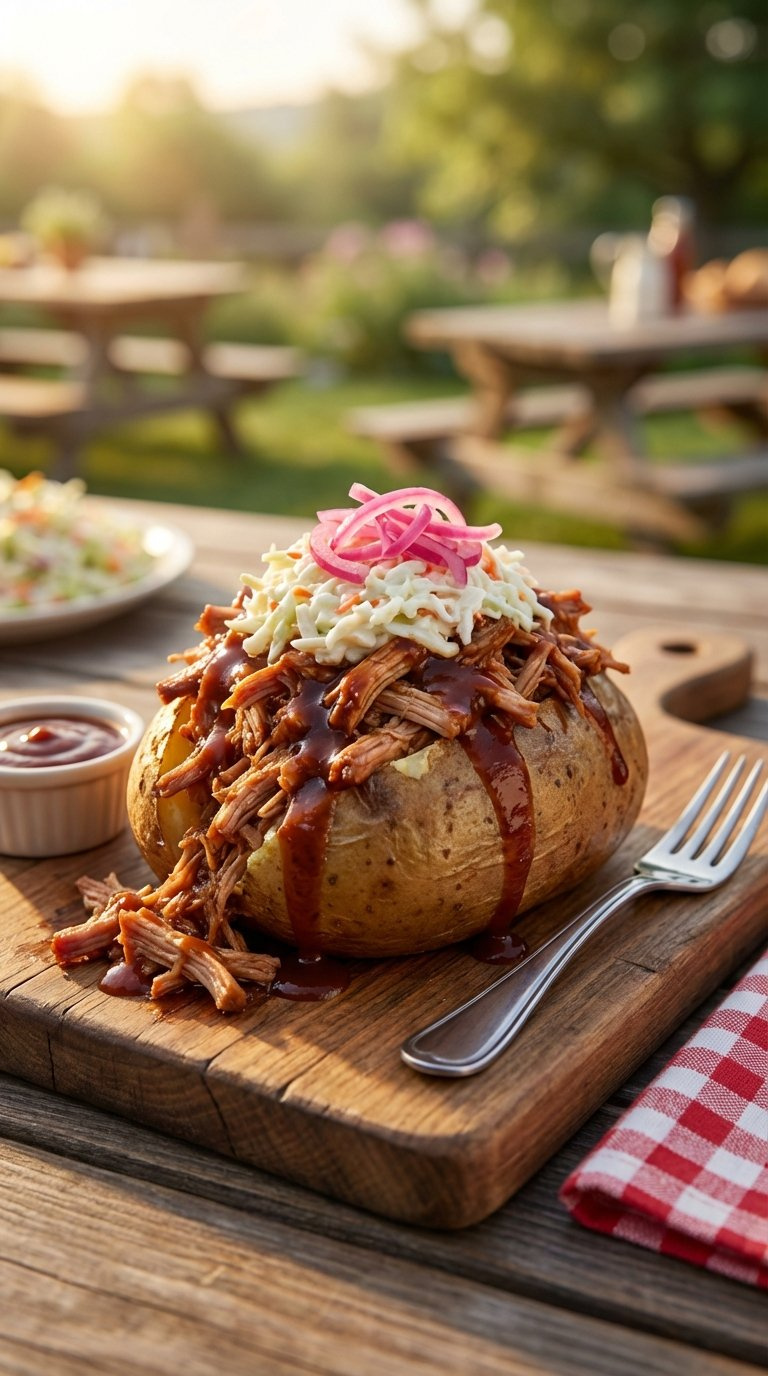 Mouthwatering Bbq Pulled Pork Baked Potato With Smoky Pulled Pork, Coleslaw, And Pickled Red Onions On Rustic Wooden Board.