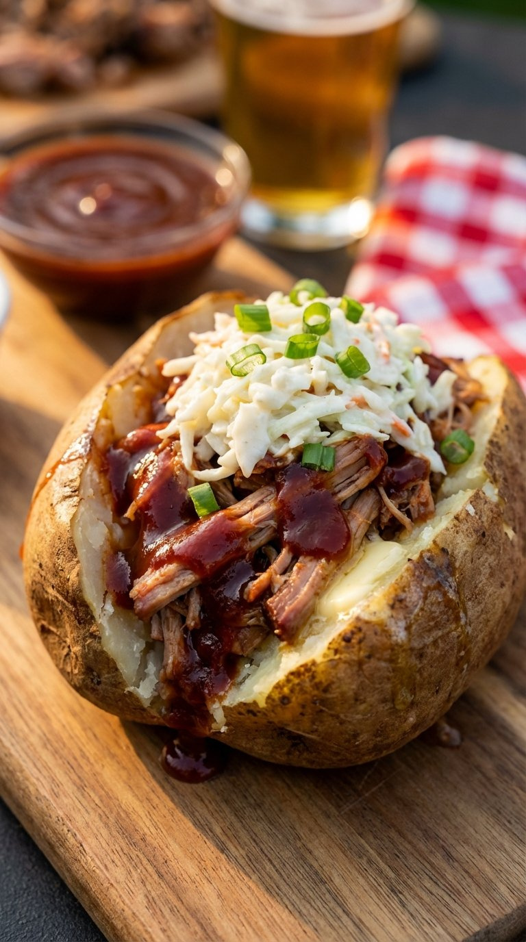 Mouthwatering Pulled Pork Bbq Baked Potato With Slow-Cooked Pork, Tangy Bbq Sauce, And Creamy Coleslaw