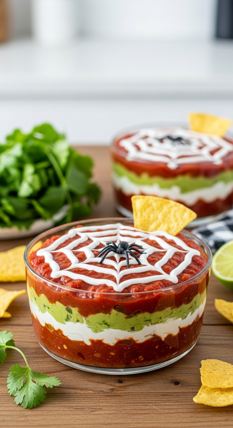 Multi-Layered Spooky Spiderweb Dip: Beans, Guac, Salsa, Sour Cream Web With A Spider. Chips &Amp; Cilantro On A Rustic Table.