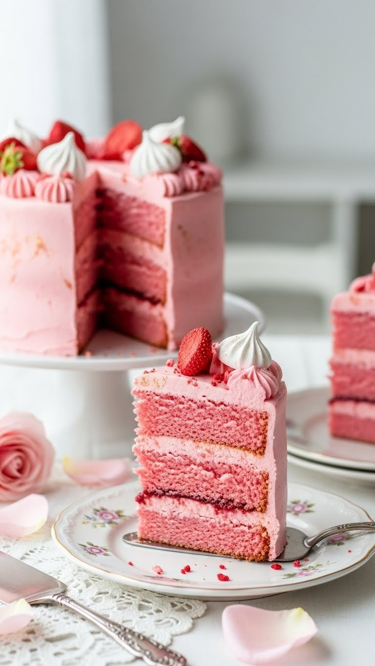 Multi-Layered Pink Frosted Cake Decorated With Meringue Kisses And Freeze-Dried Strawberries On Vintage Ceramic Plate With Lace Tablecloth.