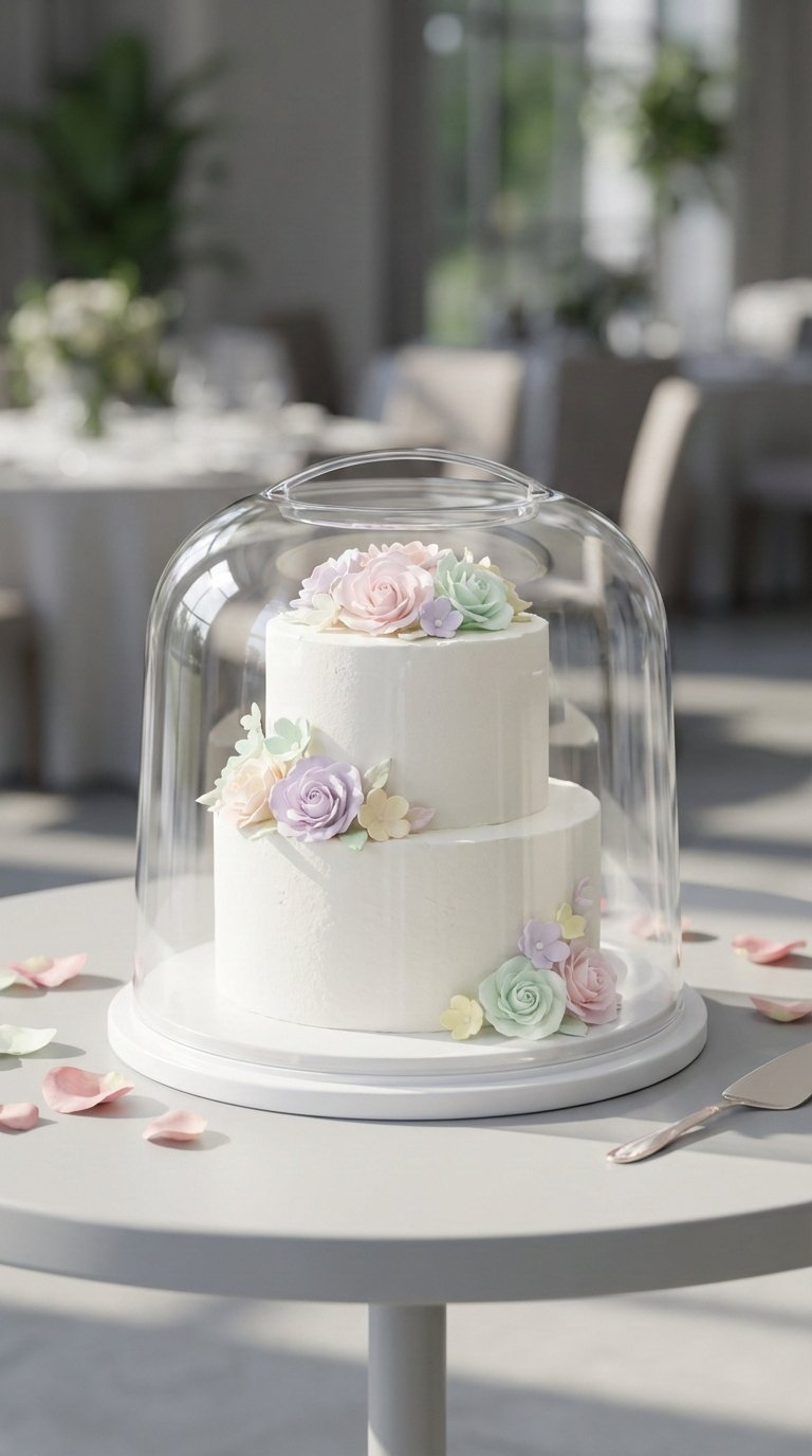 Multi-Tiered Celebration Cake In Clear Plastic Cake Carrier Ready For Transport On Minimalist Table.